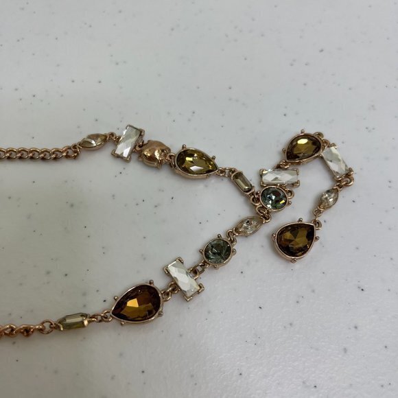 Express Rhinestone Necklace Drop Teardrop Neutral Brown Gray Gold Tone Chain Use - Picture 5 of 6